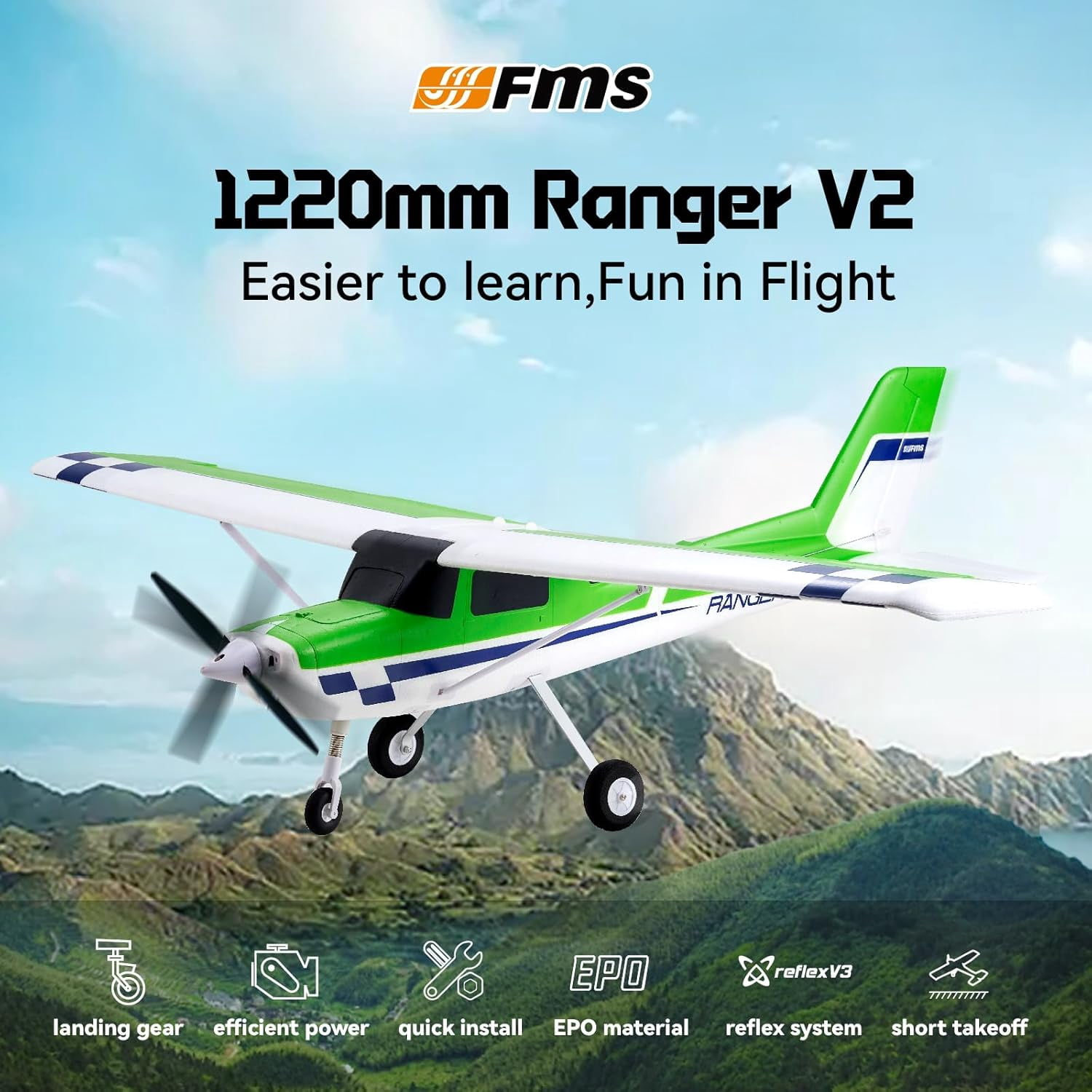 Fms Rc Planes for Adults Beginners 1220mm Ranger Remote Control Airplane with Reflex Green Hobby Rc Airplanes PNP (No Transmitter Battery,Charger)