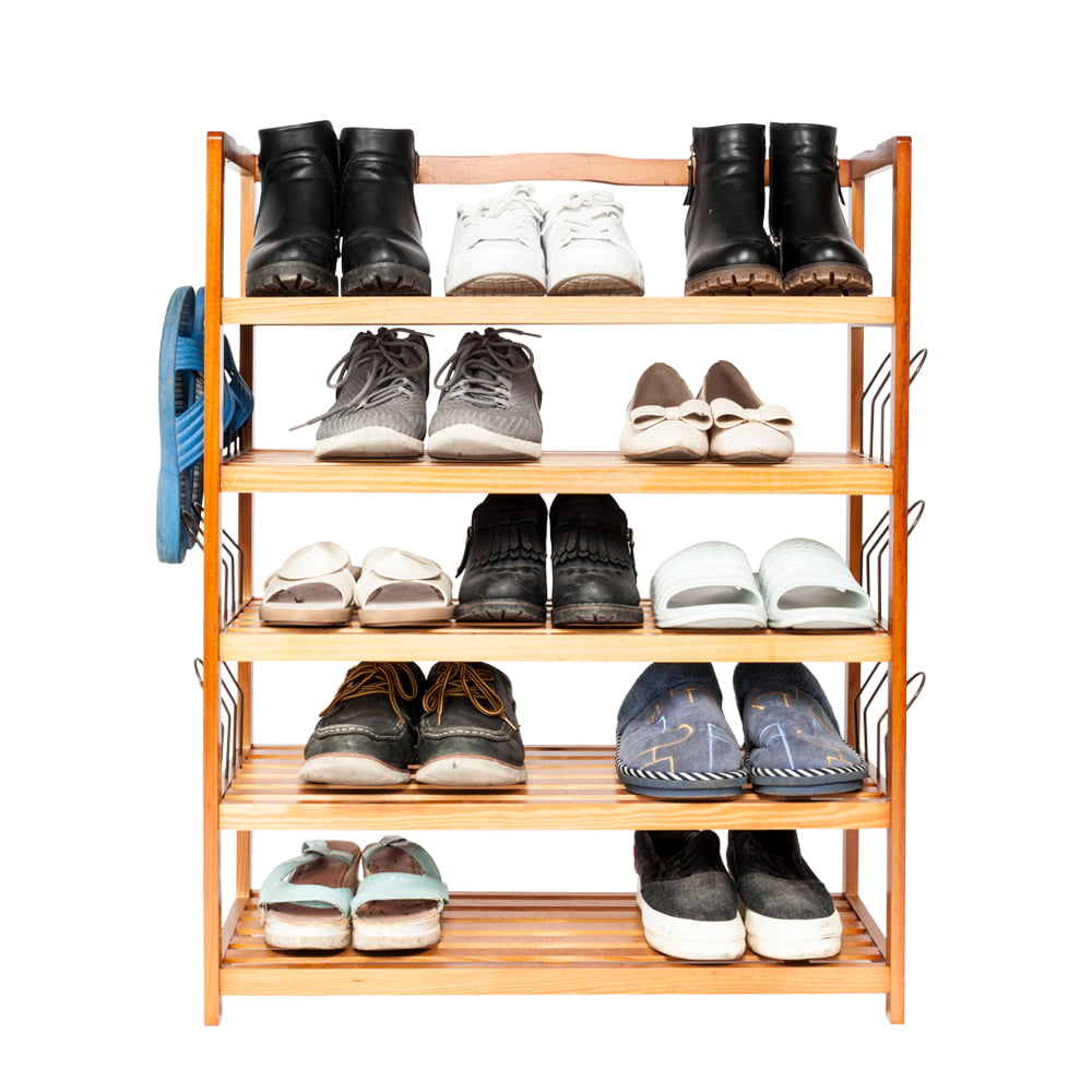 HOMCOM 5-Tier Shoe Rack Footwear Storage w/ Slipper Hanger Acacia Wood Teak 