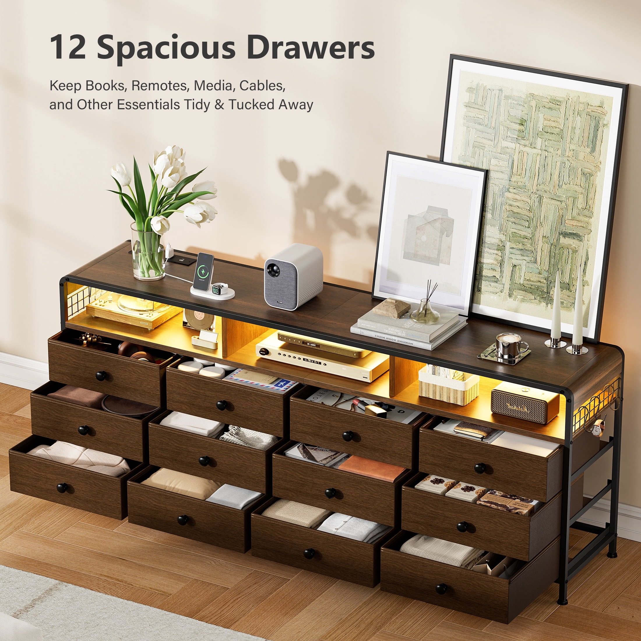 GUNAITO TV Stand for TVs up to 75", Big TV Stand with 12 Fabric Drawers and LED Lights, Entertainment Center with Storage and Shelves for Living Room, Dark Brown