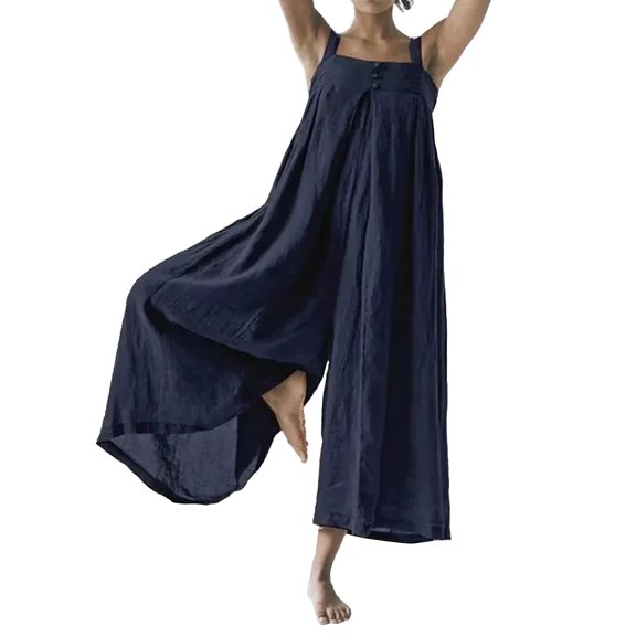 Women Sleeveless Jumpsuit Casual Solid Cold Shoulder Wide Leg Pant with Pockets Fashion Flowy Loose Fit Lightweight Overalls(XL,Navy)