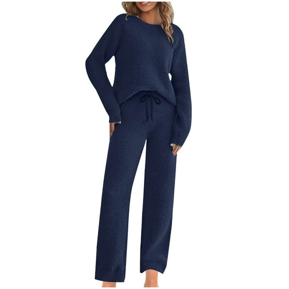 YUGYXL Pajamas Set for Women Soft Comfy Fluffy Pjs Pullover Pants Plus Size Loose Plush Sleepwear Fuzzy Loungewear for Winter Dark Blue XS