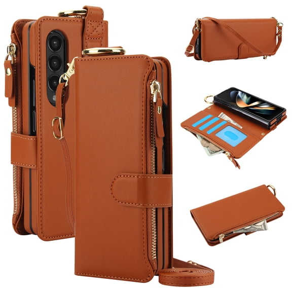 for Samsung Galaxy Z Fold 4 Wallet Case with Card Holder - PU Leather Case Detachable Crossbody Strap & Wristband & Secure Ring, Shockproof Protective RFID Blocking Zipper Purse Phone Cover, Brown