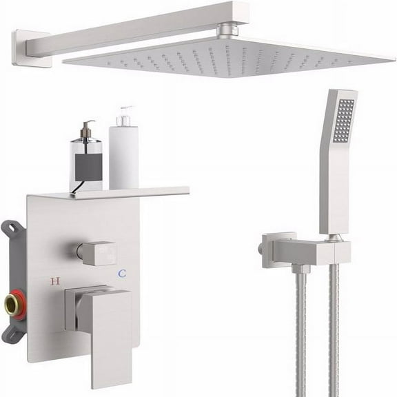 10" Square Brushed Nickel Rainfall Shower SetWall-mounted, high-pressure system with storage rack, handheld sprayer & dual handles