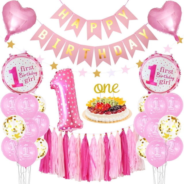 Kit de globos para el primer cumpleaños rosa, 43 unidades, papel de confeti de látex