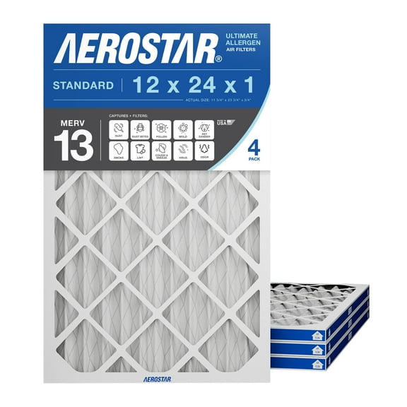 Aerostar 12x24x1 MERV 13 Pleated Air Filter, AC Furnace HVAC, 4 Pack
