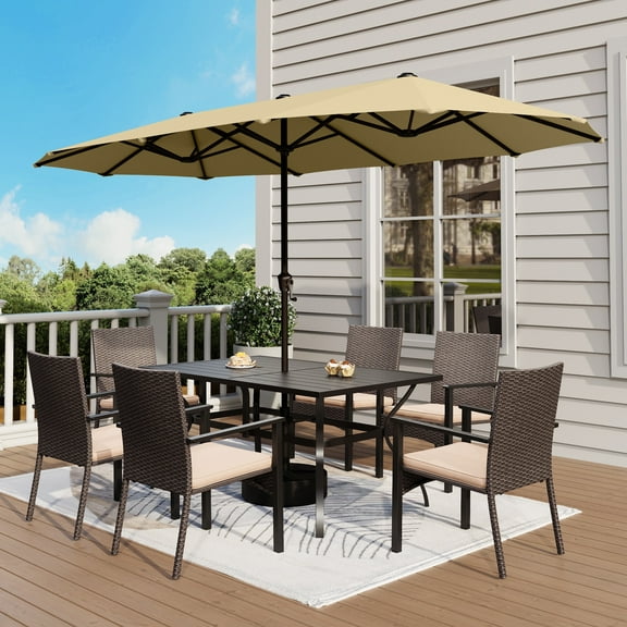 8 Pieces Outdoor Patio Dining Set with 13ft Double-Sided Umbrella, All-Weather Rattan Chairs and Rectangular Table for 6,Beige