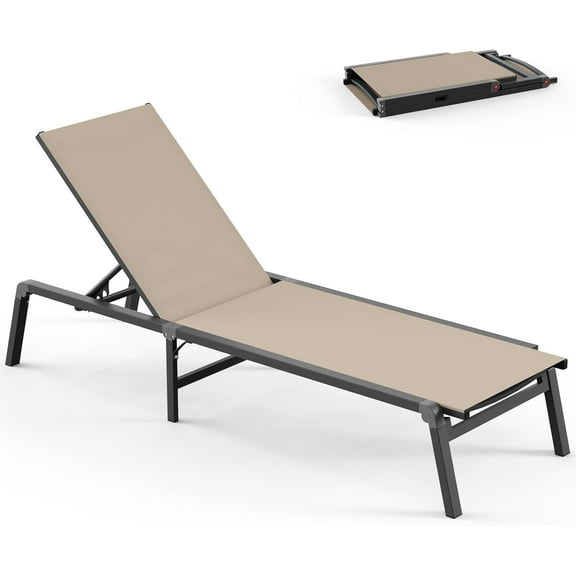 Chaise Lounge Outdoor, Foldable Aluminum Pool Lounge Chairs with 5 Positions Recliner - Free Assembly - Patio Chaise Lounge Chair for Poolside, Beach, Yard (Khaki)