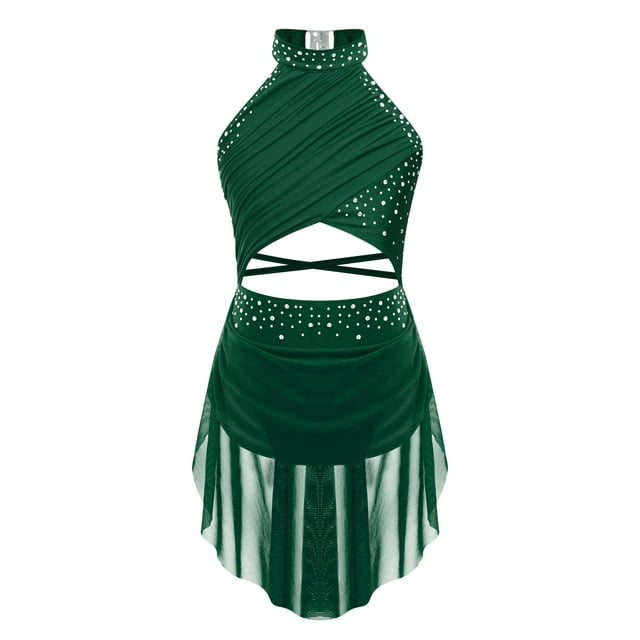 MSemis Robe de Patinage Artistique Sans Manches pour Filles, Danse Contemporaine Lyrique, Vert 14