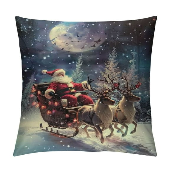 Sheronv Santa Claus Sleigh Reindeers Graphic Decorative Pillow Cover for Home Couch Living Room Bed Sofa Winter Christmas Theme Pillow Case 1PC 12x12in