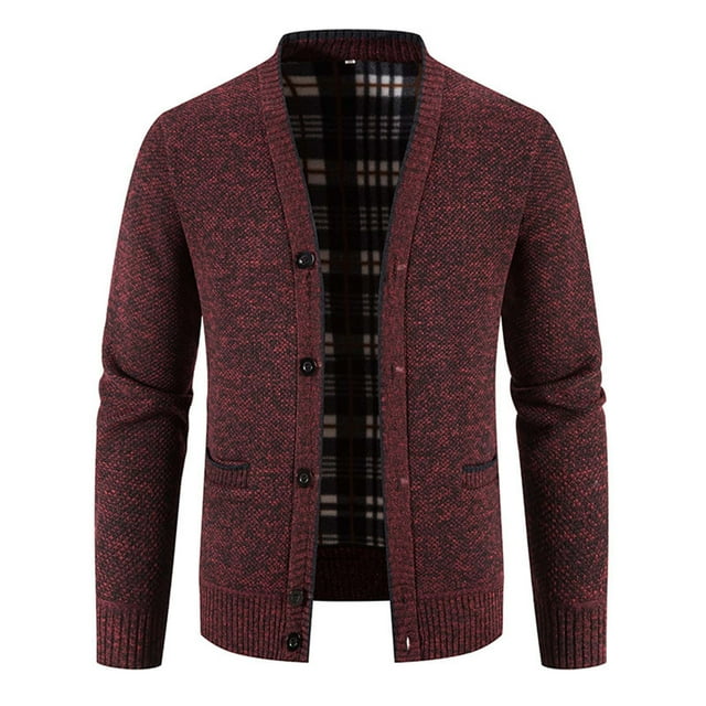 Mgmyaa Men's Thick Knit Cardigan Sweater Coat, V-Neck Button Front Open Stretch Fit Long Sleeve Acrylic Blend with Pockets for Fall Winter Casual Wear