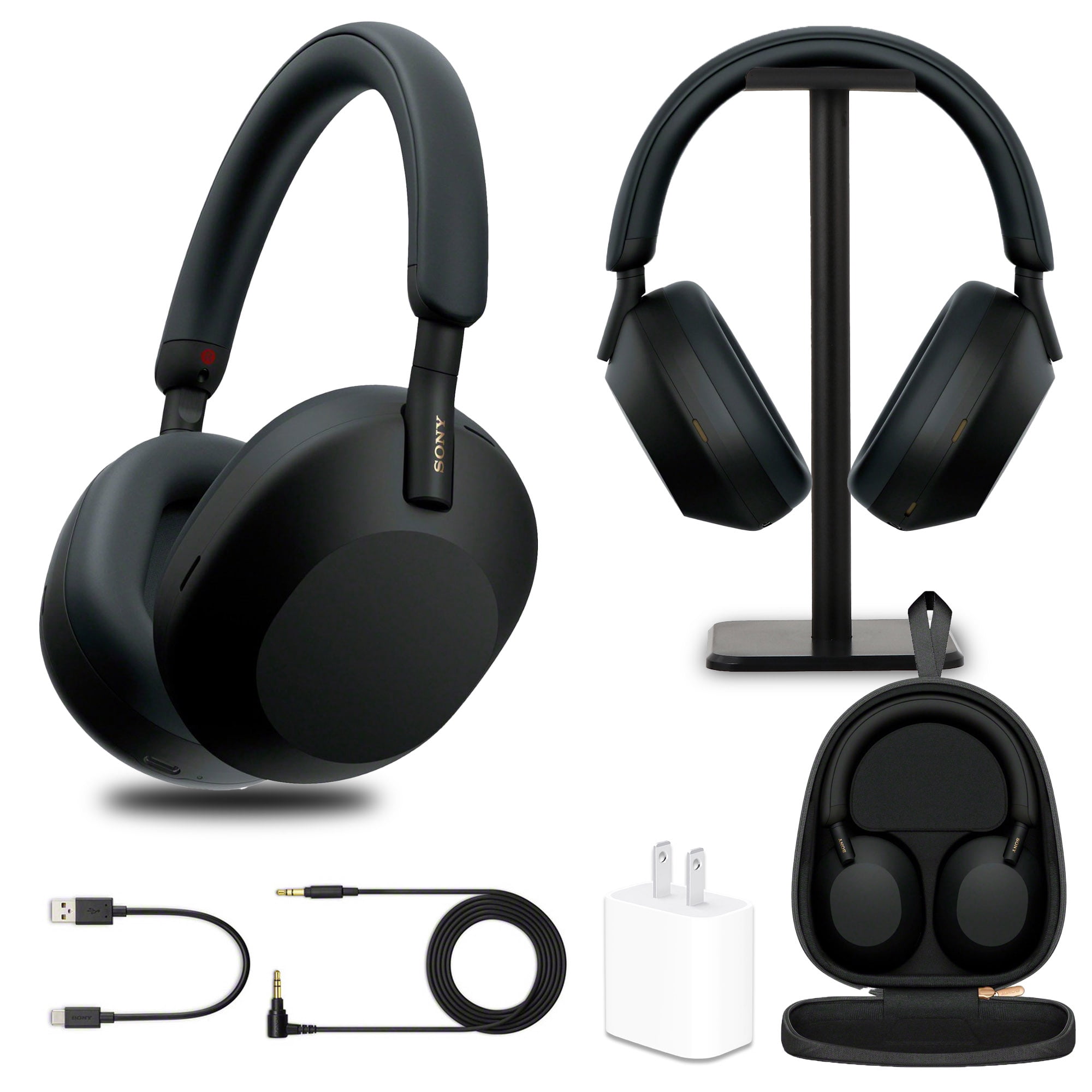 Sony WH-1000XM5 Wireless Noise Canceling Headphones with Auto Noise Canceling Optimizer, Crystal Clear Hands-Free Calling, and Voice Control, Black (WH1000XM5/B) + Headphone Stand + USB Adapter