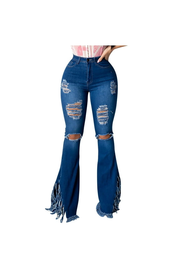 Flare Jeans for Women Fashion Ripped Hole Fringe Hem Bell Bottom Jeans High Waist Slim Fit Wash Denim Pants Trousers