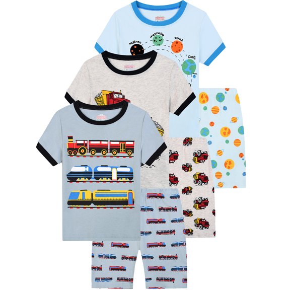 QEFJNO 3-10Y Kids Boys Pajamas Set Soft Viscose 2PCS Short Sleeve Sleepwear for Toddler Boys Train Pjs Summer