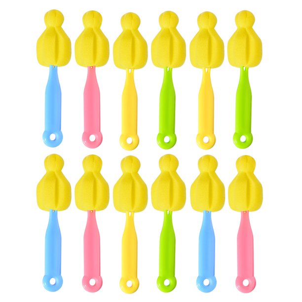 Juego de 12 cepillos de limpieza para biberones y chupetes (azul, verde, amarillo y rosa, 3 unidades cada uno)