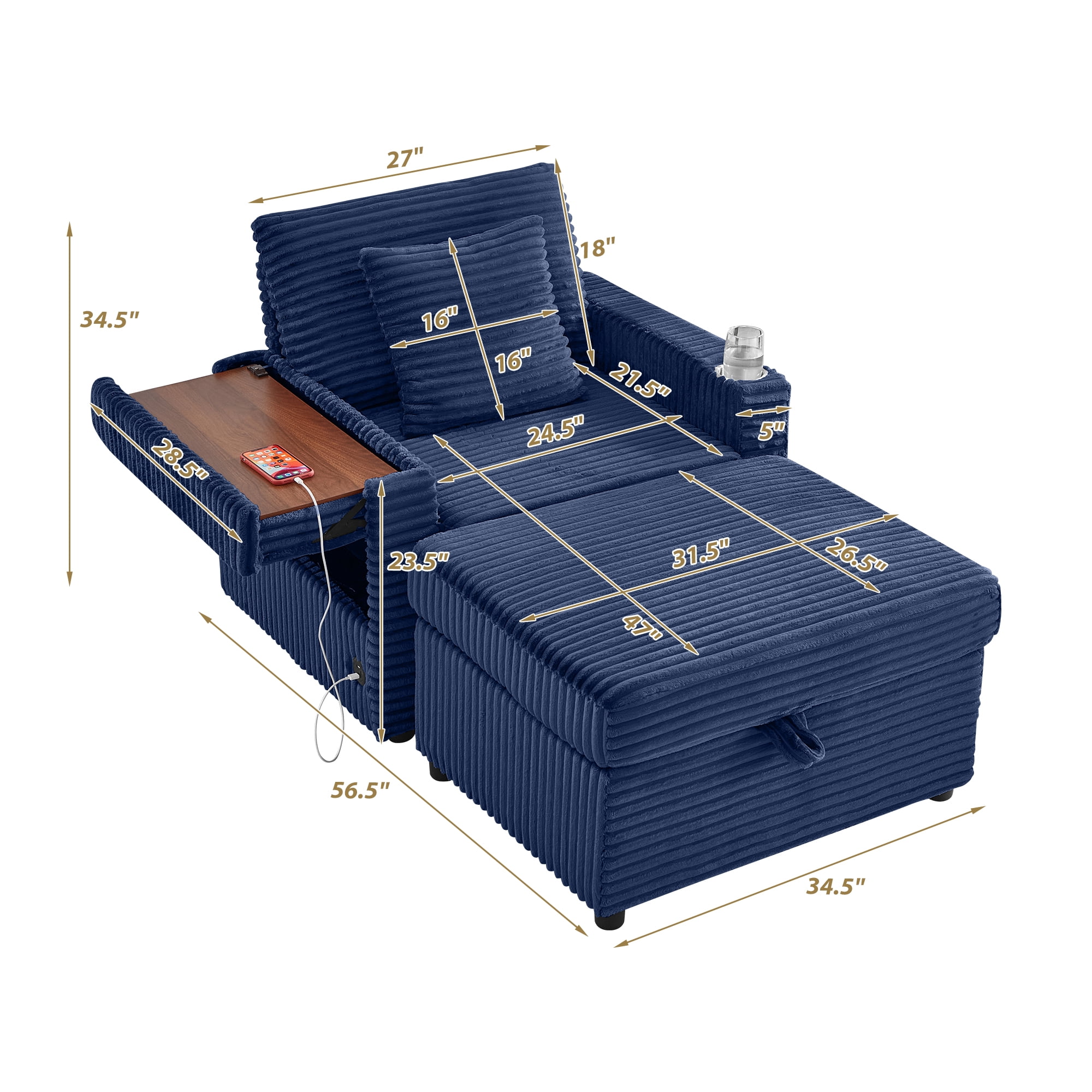 34.5" Soft Chaise Lounge Accent Chair Set with Ottoman, Table Board and Cup Holder