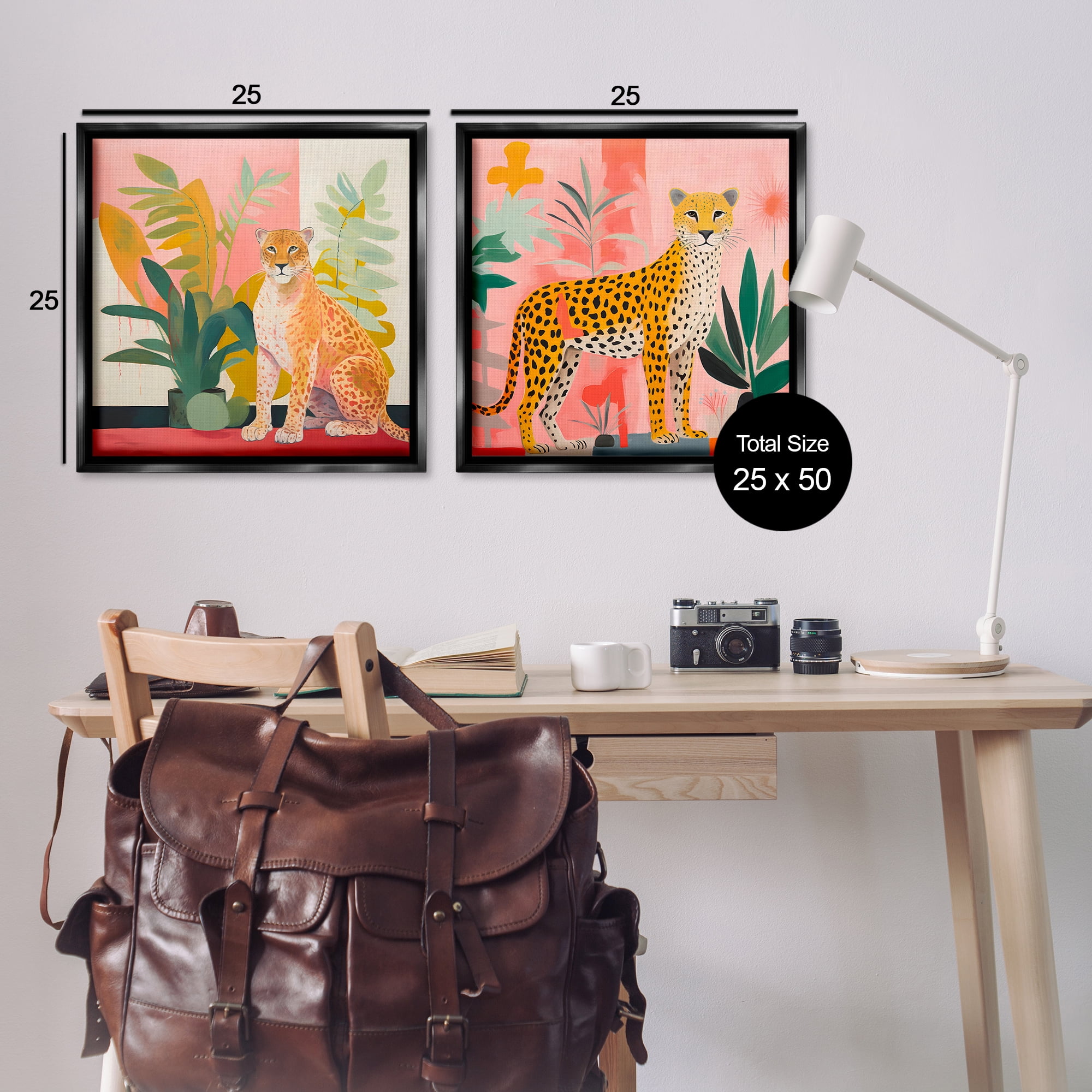 Stupell Industries Jaguar Leopard Potted Palms Animals Painting Black Floater Framed Canvas Art Print Wall Art, 25 x 25, Set of 2
