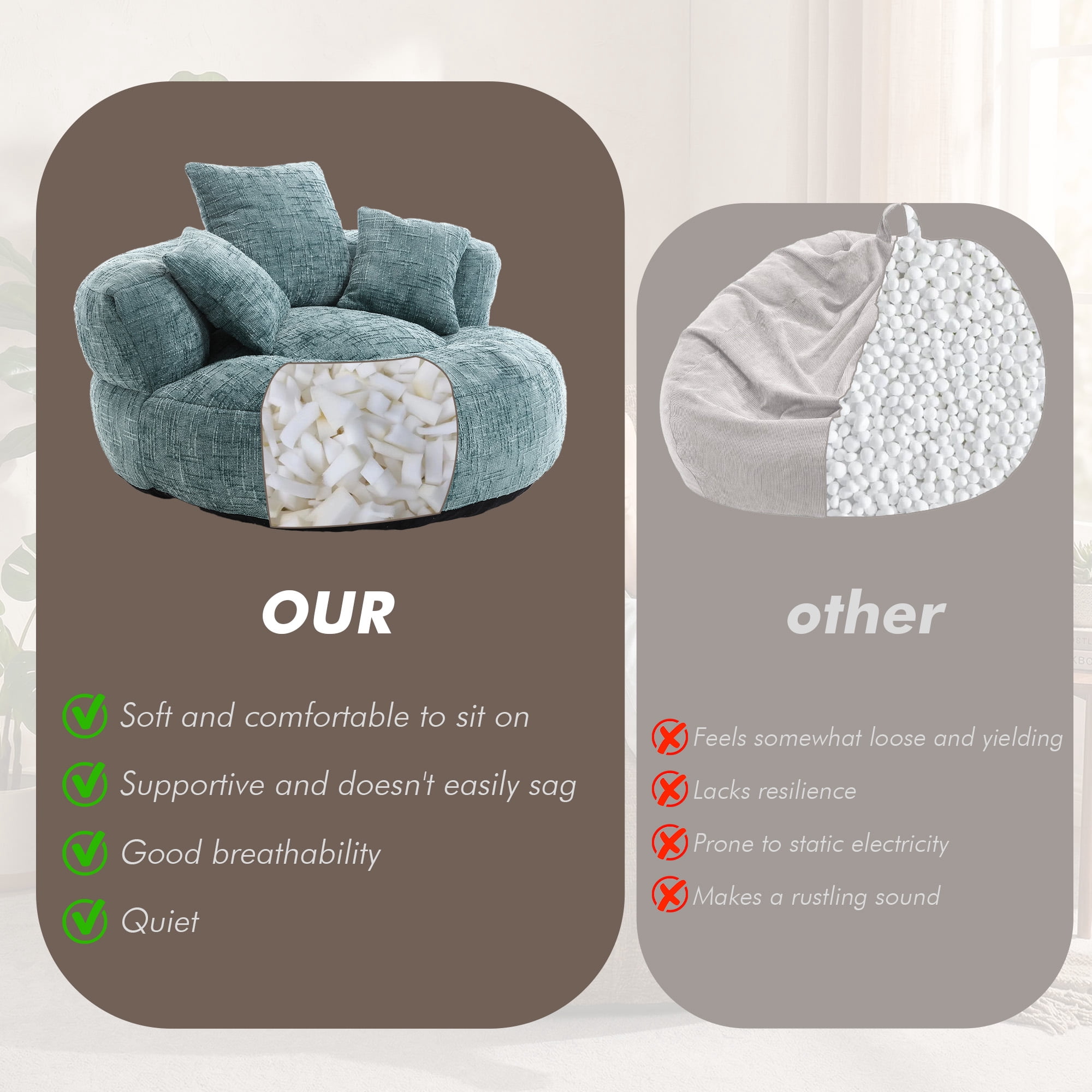 MOONMISS Oversized Bean Bag Chair, Chenille Lazy Bean Bag Sofa with Wrap-Around Backrest & Pillows for Living Room,Teal Blue
