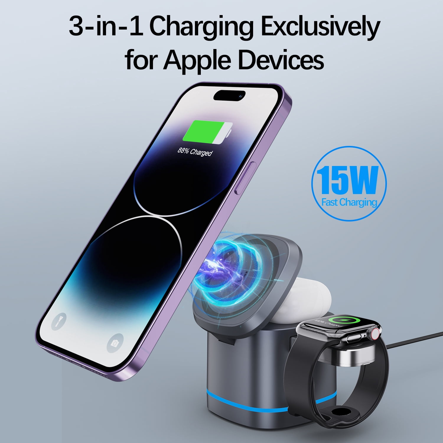 H28 3-in-1 Magnetic Foldable Wireless Charging Station with RGB Light, Strong N52 Magnet 15W Fast Charger for iPhone 17 16 15 14 13 12, Apple Watch, AirPods - Gray