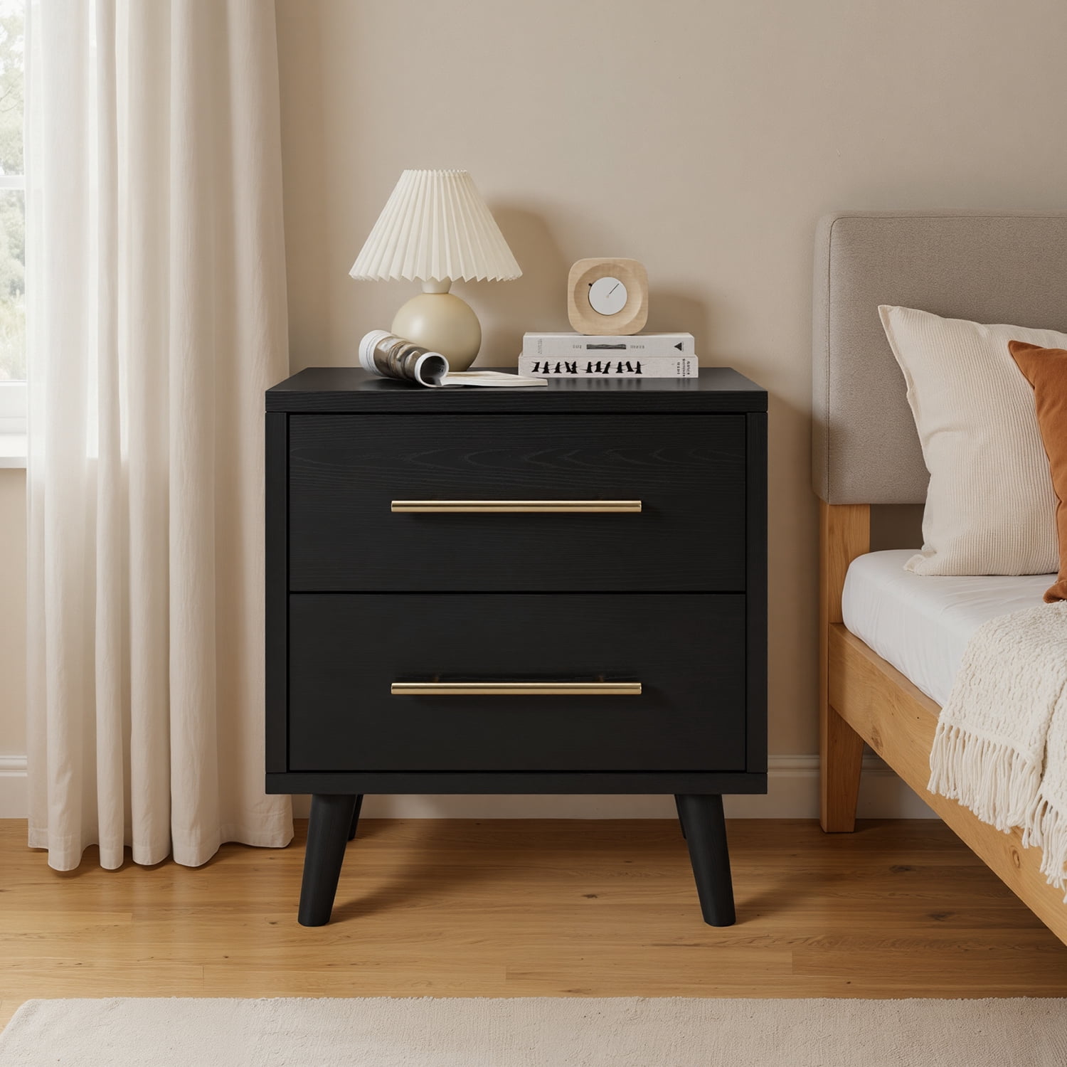 Aiho 2 Drawer Wood Dressers, Wide Chest of Drawers with Gold Handles for Living Room , Black