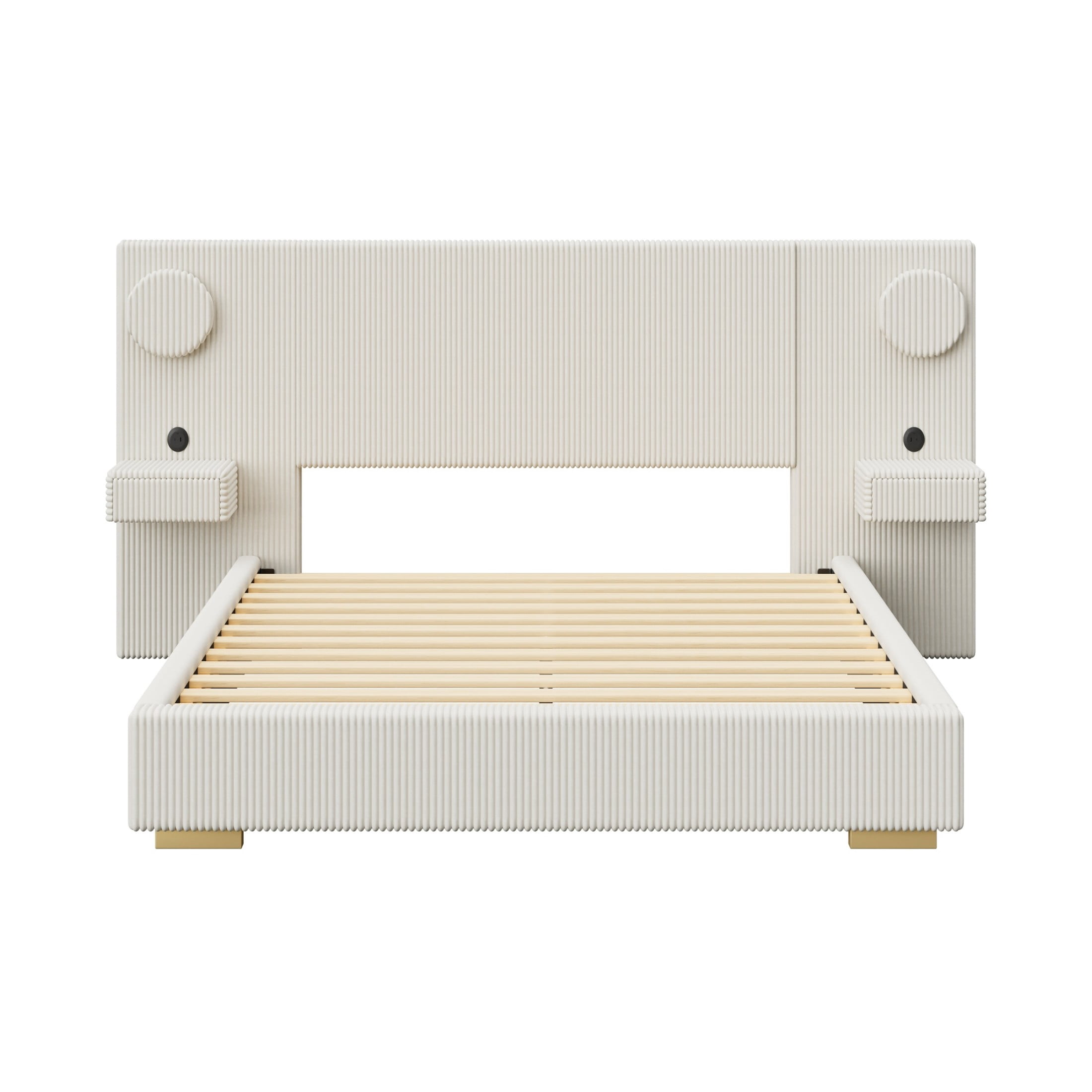 Noble House Dellas Queen Size Upholstered Platform Bed with LED Lights, Charging Ports & Side Storage Drawers, Beige