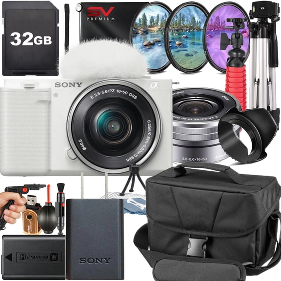 Sony ZV-E10 II Mirrorless Camera (White) with 16-50mm Lens   SanDisk 32GB Memory Card   Pistol Grip Tripod   SV Premium Accessory Bundle