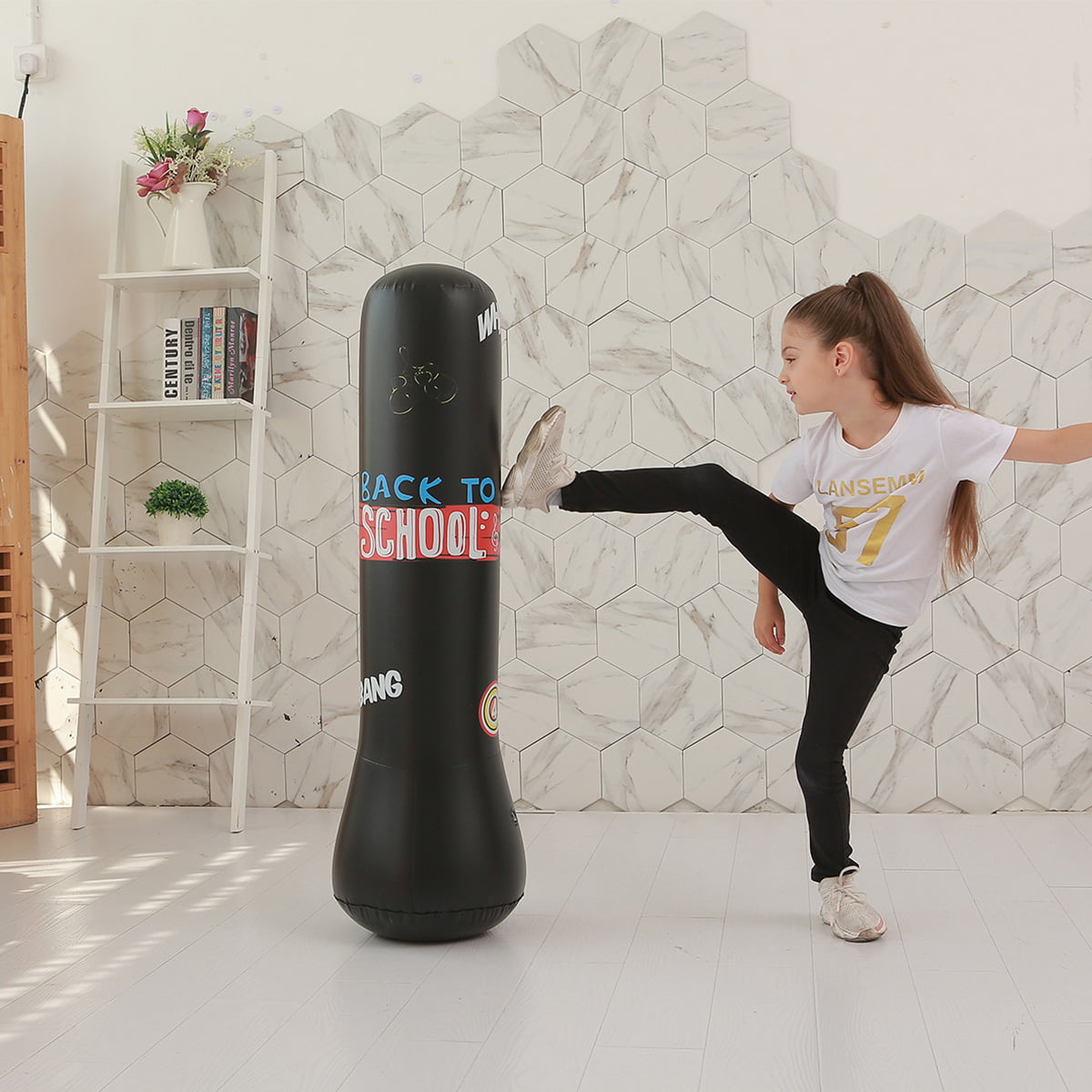Inflatable Punching Bags with Foot Air Pump for Kids Boxing Blow Up Black 