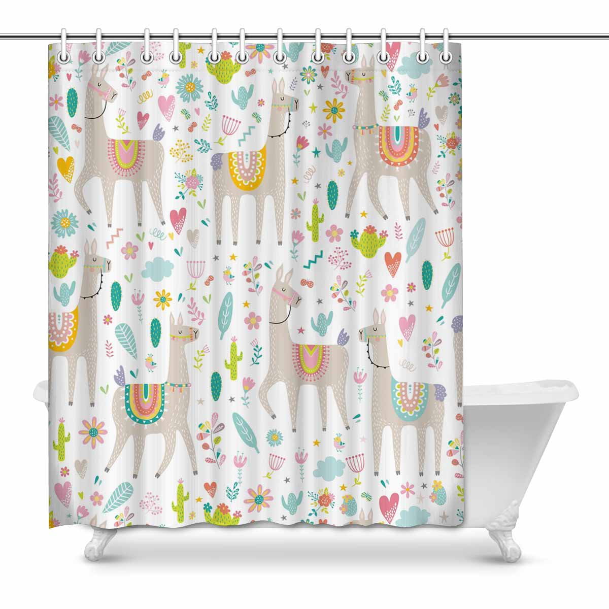 Details about   Pink Alpaca Flowers Cactus Wood Planks Fabric Shower Curtain Set Bathroom Decor 