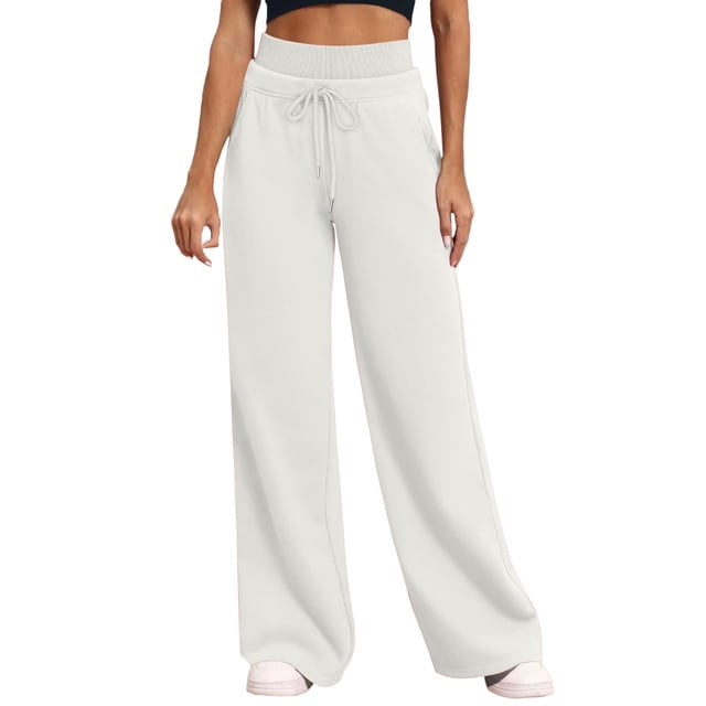 Double Waist Wide Leg Pants for Womens Drawstring Elastic Waist Sweatpants Stretch Elastic Waist Athletic-Fit Baggy Trouser Light Breathable Trousers with Pockets