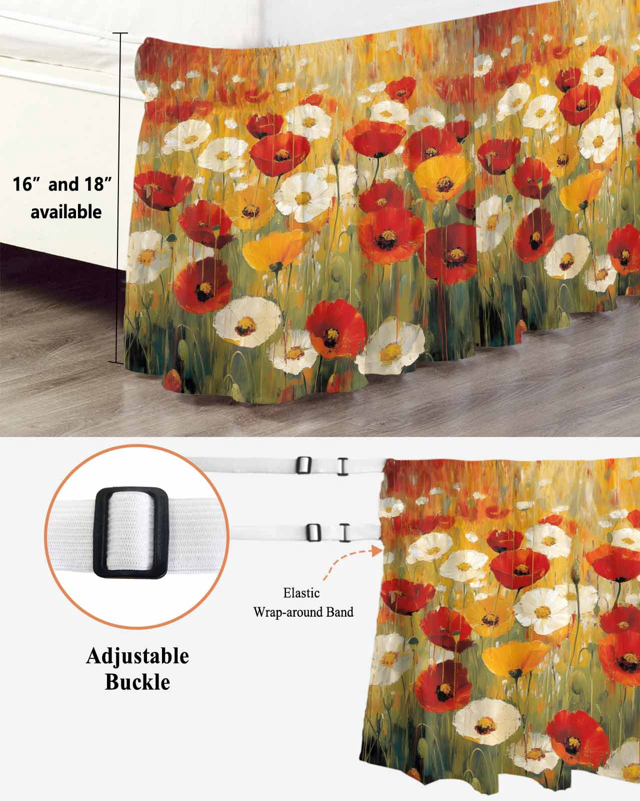 Retro Floral Bed Skirt Red White Yellow Poppy Flowers Oil Painting Bed Skirts King Size 18 Inch Drop, Wrap Around Dust Ruffle&nbsp;Bedskirt with Adjustable Elastic Belt for Queen Size Beds