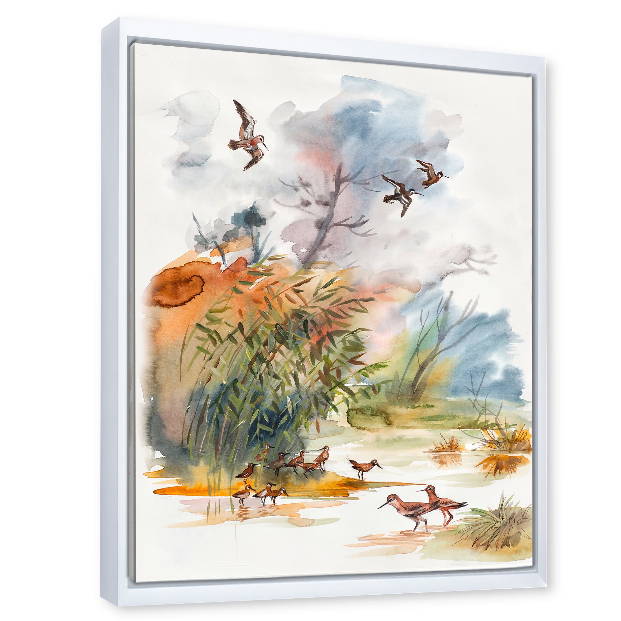 Designart 'Flying Over The Water With Autumn Landscape' Traditional Framed Canvas Wall Art Print