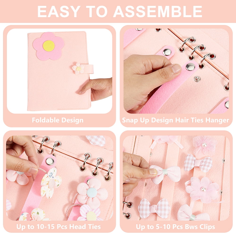 2 pc Felt Loose-leaf Hair Tie Storage Book Scrunchie Organizer Holders Rectangle with Flower Pink 27x20.5x3.35cm