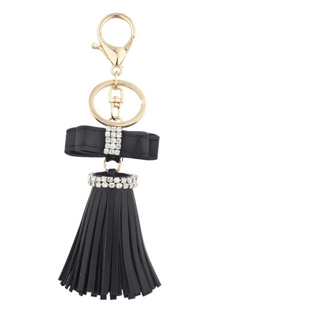 Lux Accessories Black Mini Bow and Gold Tone Leather Tassel Key Chain Bag Charm