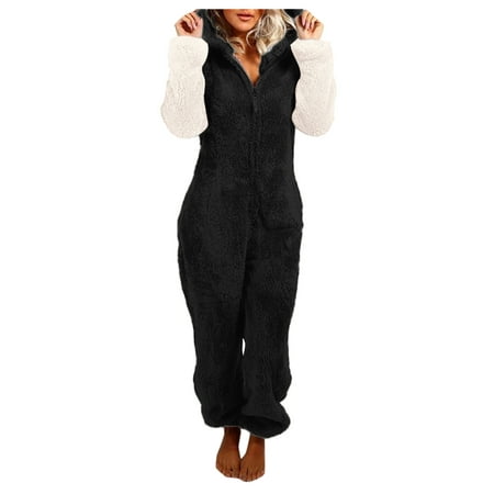 

Women s Artificial Wool Long Sleeve Pajamas Casual Solid Color Zipper Loose Hooded Jumpsuit Pajamas Casual Winter Warm Rompe Cute Ears Sleepwear Women Jacket Fall