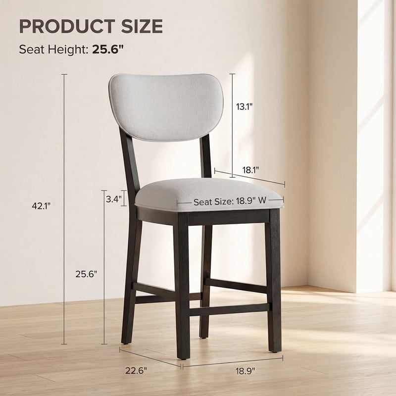 COLAMY Set of 6 Modern Farmhouse Bar Stools, 25.6" Counter Height Solid Wood Upholstered Barstools with Back, Padded Fabric Kitchen Dining Stools, Black