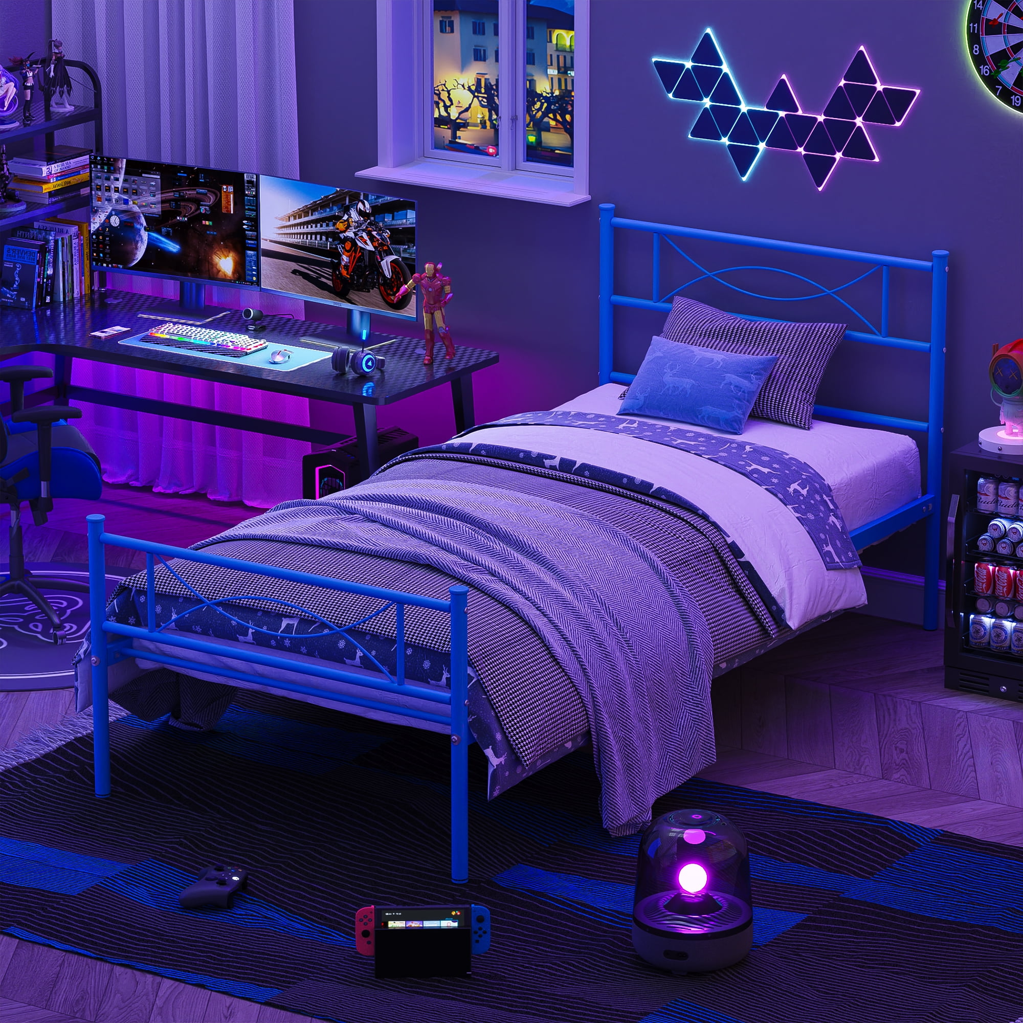 Yoneston Kids Twin Size Metal Platform Bed Frame Single Bed with Bowknot Headboards for Boys Bedroom Furniture – Light Blue