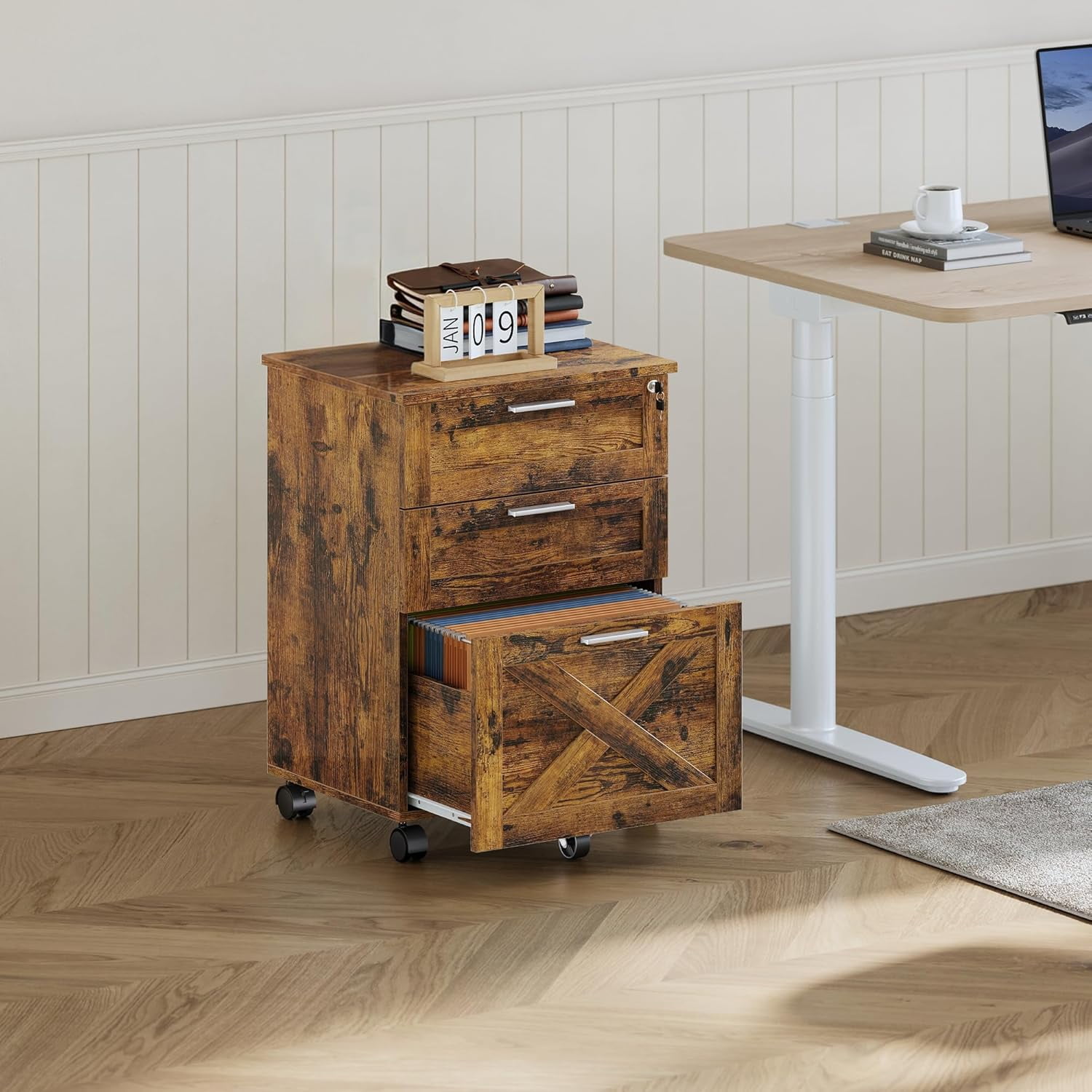 3-Drawer File Cabinet with Lock, Mobile Under Desk Filing Cabinet for Home Office, Wood Storage Organizer for Letter/a4/Legal Size Documents