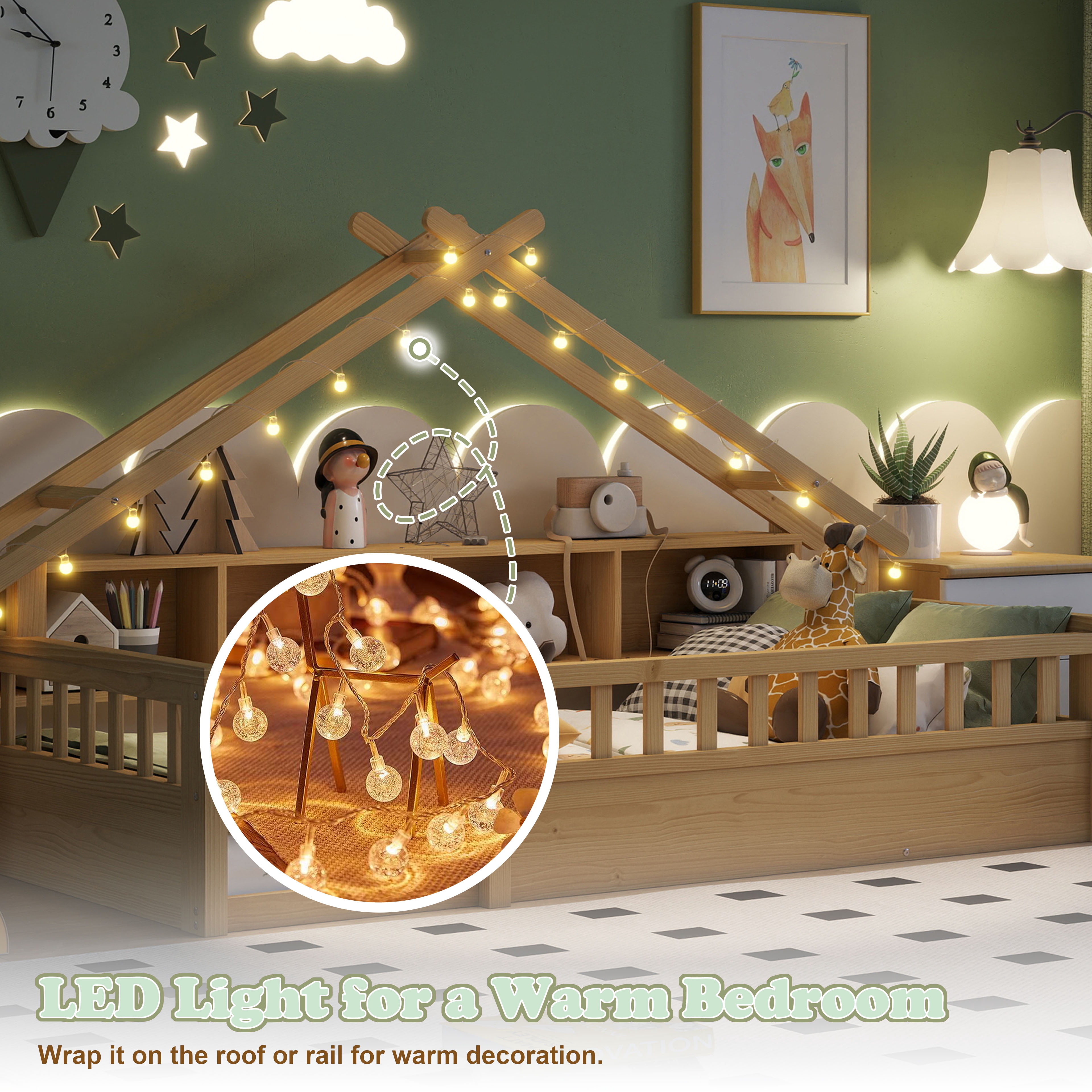 Mirightone Twin Size Montessori Floor Bed with LED Light, Storage Bookcase & Safety Rail, Solid Pine Wood  House Floor Bed, No Box Spring Needed(Natural)