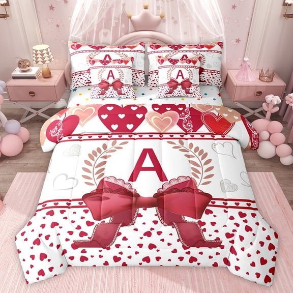 Castle Fairy Female Men Personalized Initial A Twin Bedding Sets 7-Piece,Romantic Love Heart Bedding Comforter Set Microfiber,Cute Ribbon Bow Knot Breathable Sheet Sets,Microfiber Bedroom Decor