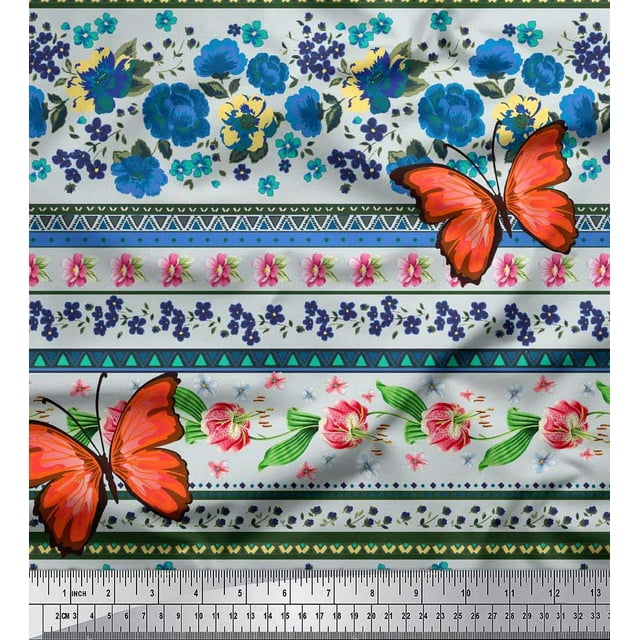 Soimoi Tissu Satin Soie Bleu Patchwork Floral & Insecte Tissu Imprimé 1 Yard 42 Pouces de Large