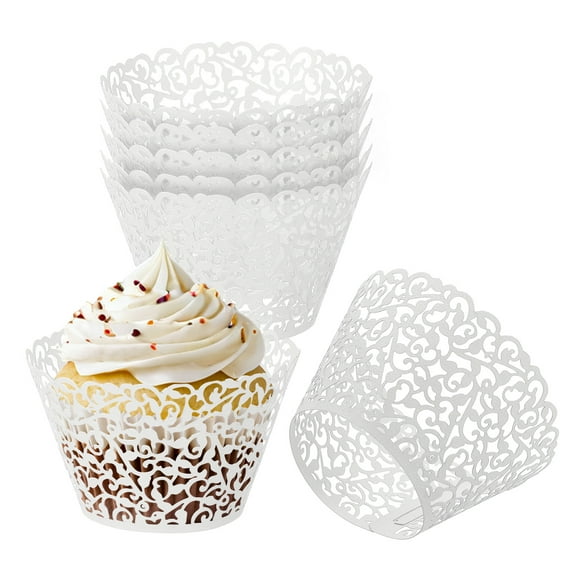 Uxcell Cupcake Wrappers Paper, 50 Pack Baking Cups Standard Vine Decoration for Anniversary Birthday White
