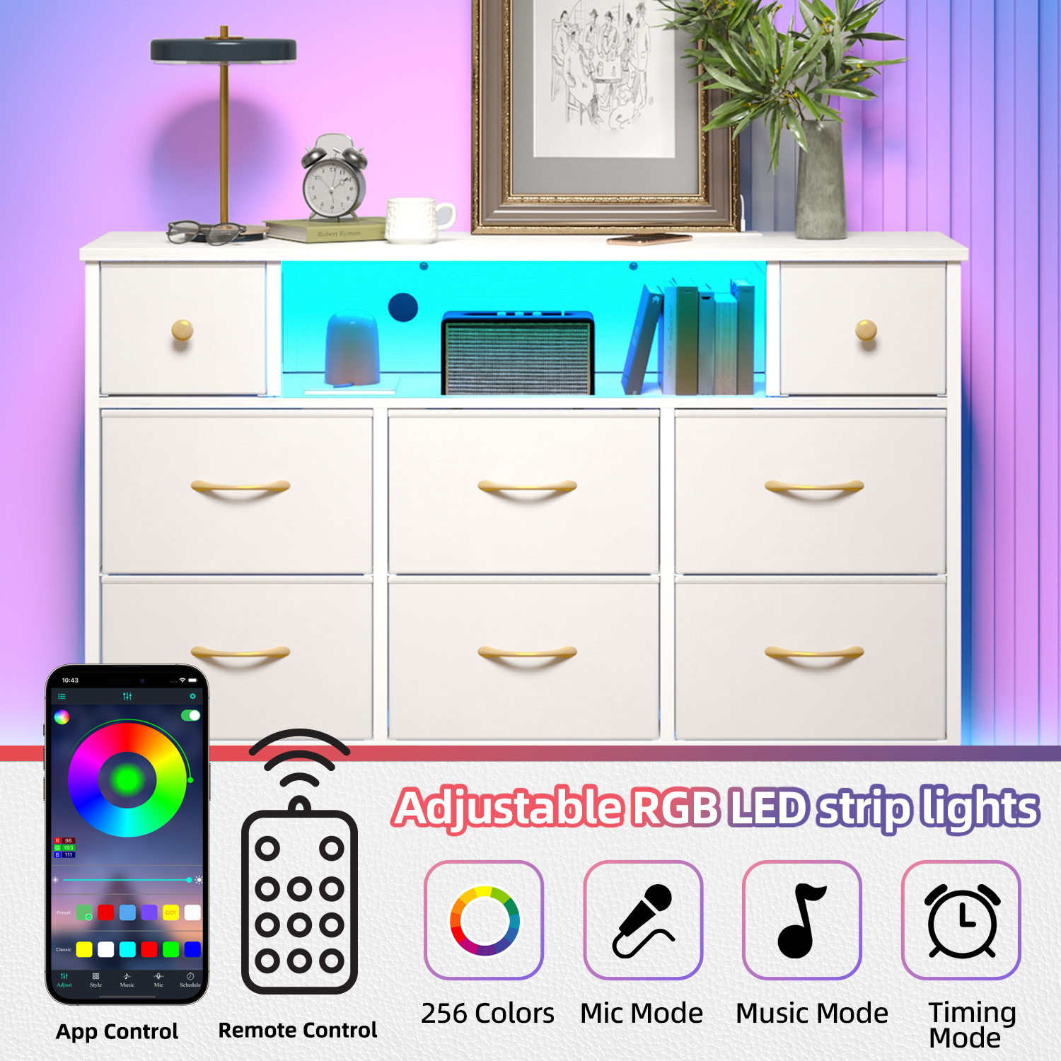 Fairy 55" White Dresser with LED Lights and Power Outlets photo 6