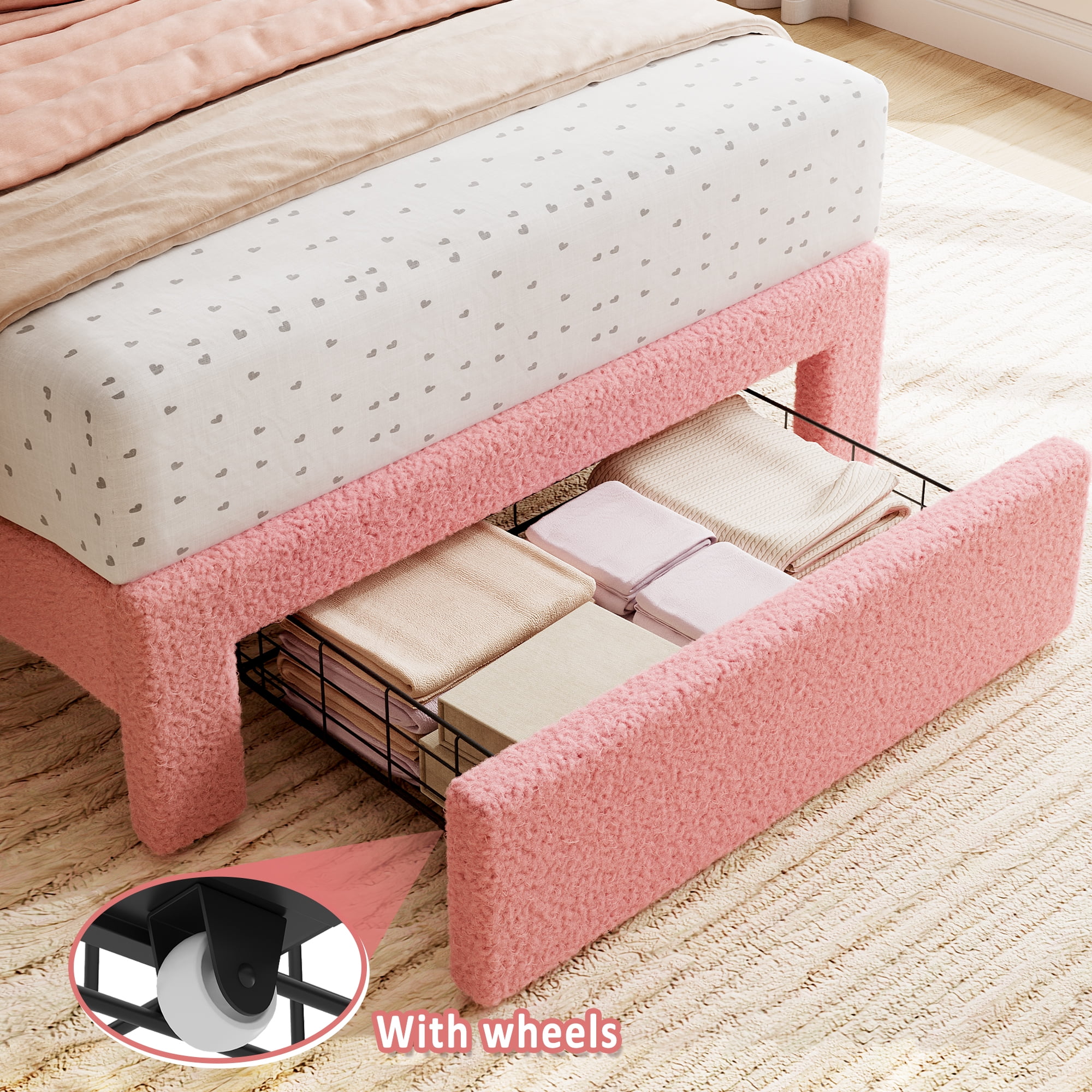 Towallmark 2025 New Twin Bed Frame with Under-Bed Drawer, Low Profile Upholstered Platform Bed with Wave Headboard, Wooden Slats Support, Pink