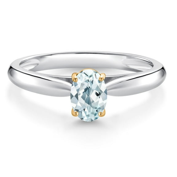 Gem Stone King 0.50 Ct Oval Sky Blue Aquamarine 925 Silver and 10K Yellow Gold Solitaire Engagement Ring (Size 6)