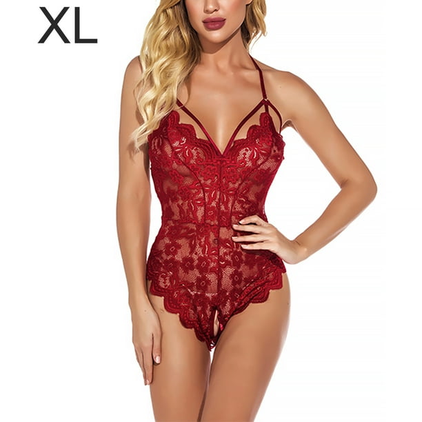Body de encaje para mujer Ropa de dormir con correa sexy para mujer Lencería con cuello en V, XL, Rojo vino Scienceny XX000063-15