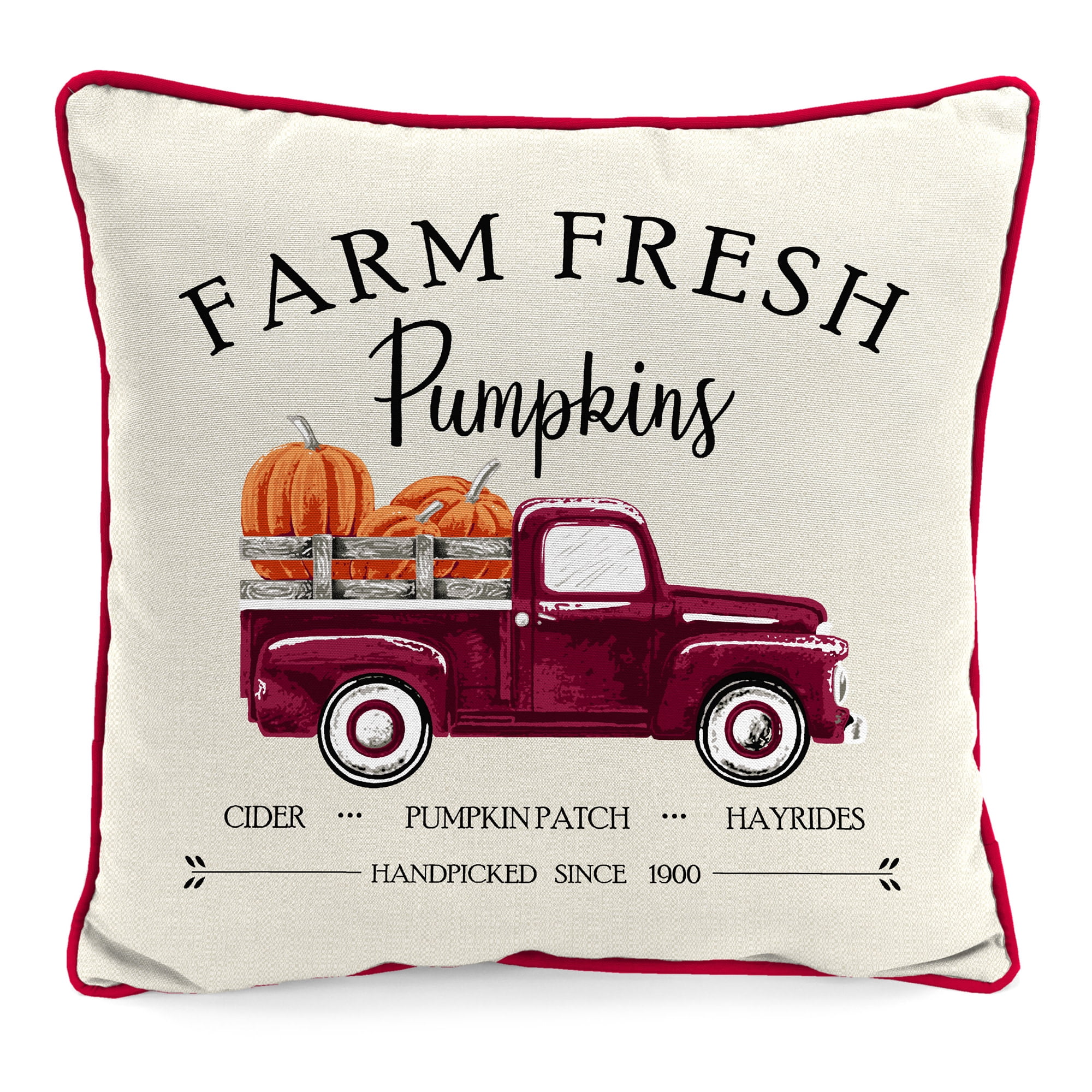 Jordan Manufacturing 16" x 16" Fresh Pumpkins Cream Truck and Merlot Buffalo Check Reversible Square Outdoor Throw Pillow with Welt