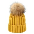 thumbnail image 3 of Winter Knit Hat with Faux Fur Pom Pom, Warm Wool Blend Beanie for Men and Women, Soft Stretchable Cold Weather Hat with Plush Ball, Unisex Outdoor Ski Cap for Autumn and Winter Seasons Yellow, 3 of 5