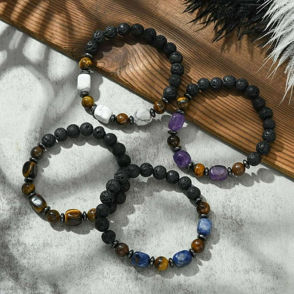 10pcs Natural Mixed Gemstone Cuboid & Lava Rock Round Beaded Stretch Bracelet Inner Diameter: 2-1/4 inch(5.6cm)