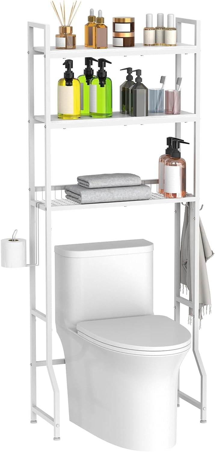 Cerlyunzan 3-tier white over-toilet bathroom storage rack with hooks