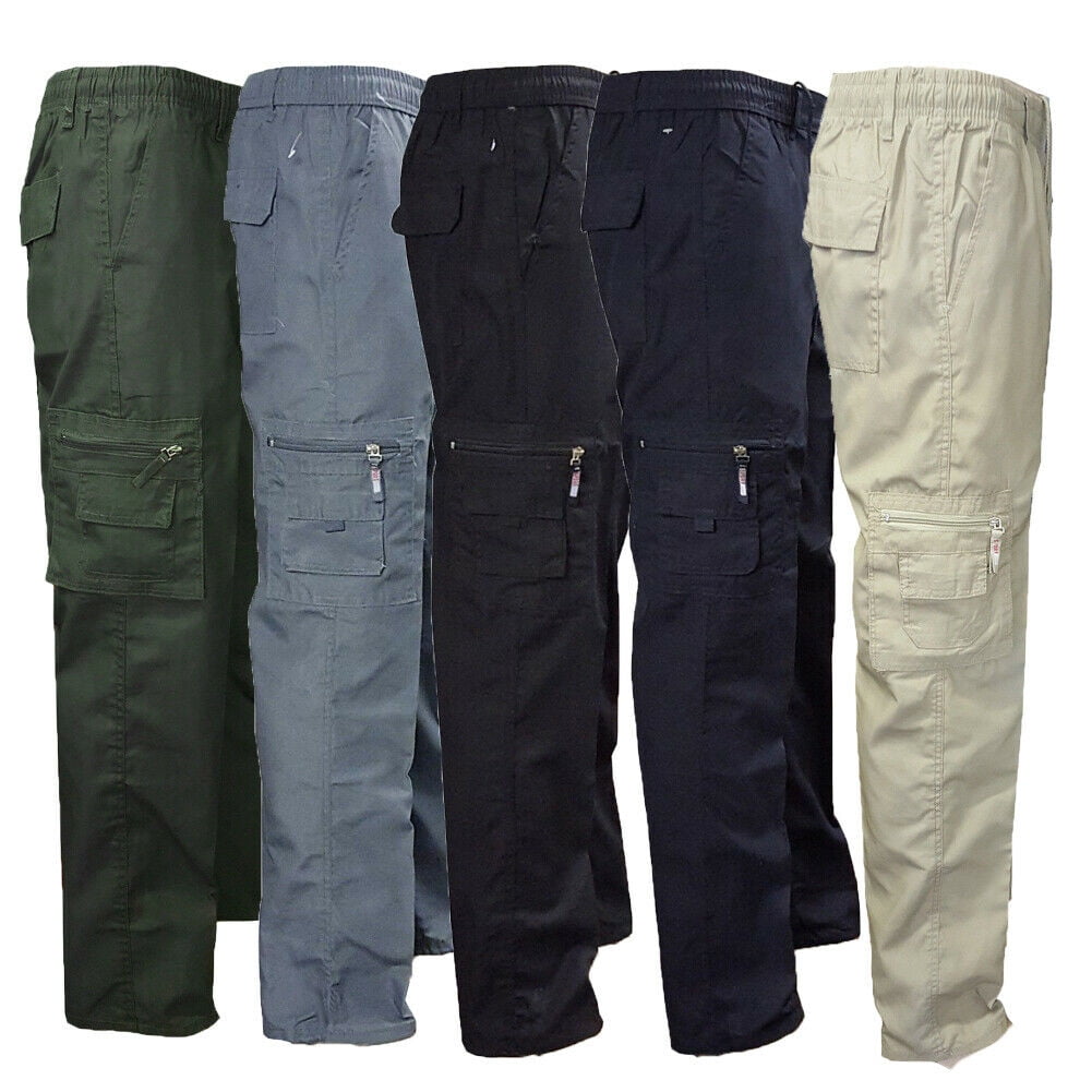 Mens Solid Cargo Combat Work Trousers Chino Cotton Pocket Pant Work Wear Jeans 