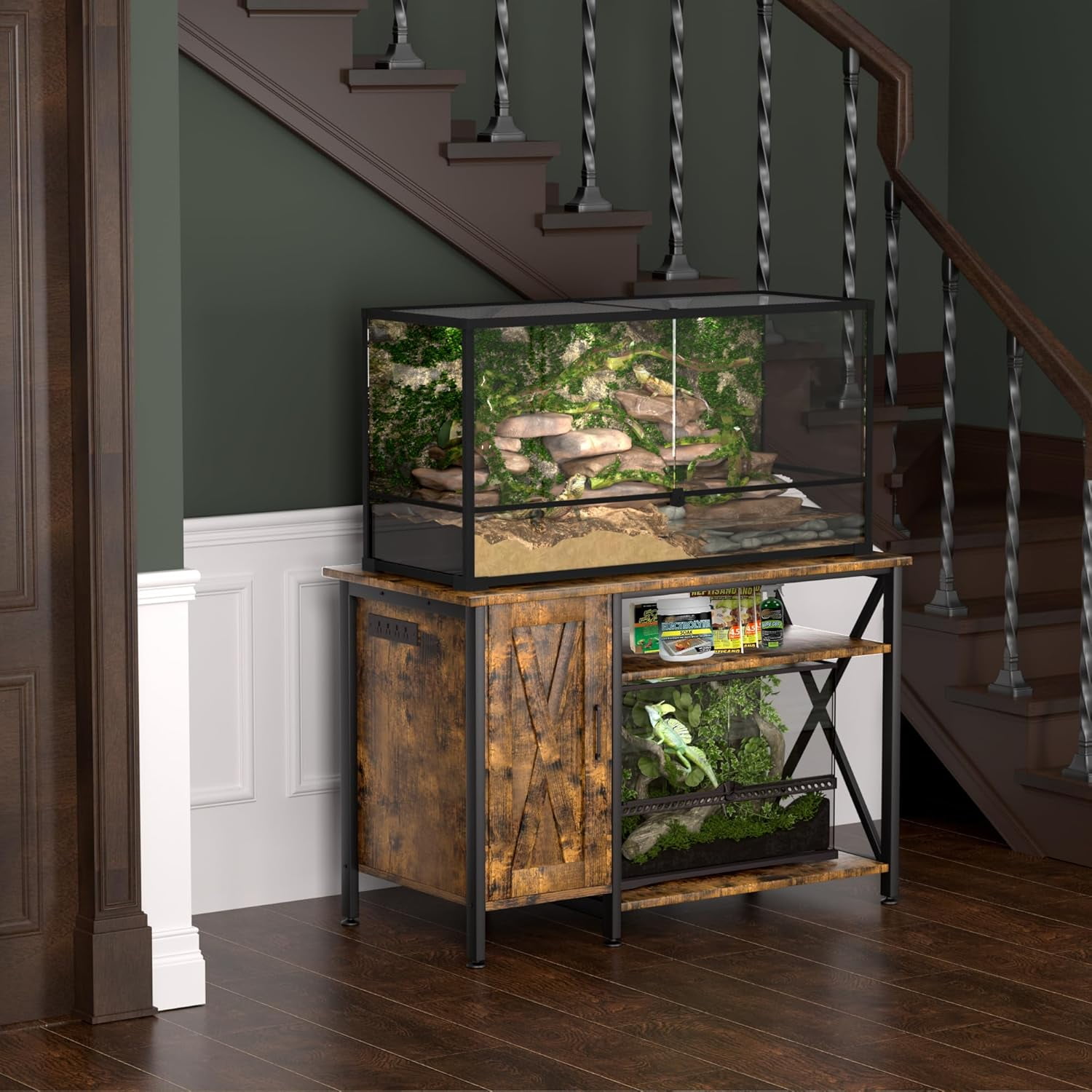 Herture 40-120 Gallon Reptile Tank Stand with Power Outlet, Terrarium Stand with Storage Cabinet, 48" X 24" Tabletop, Reptile Terrarium,Turtle Tank Black PG08XYB
